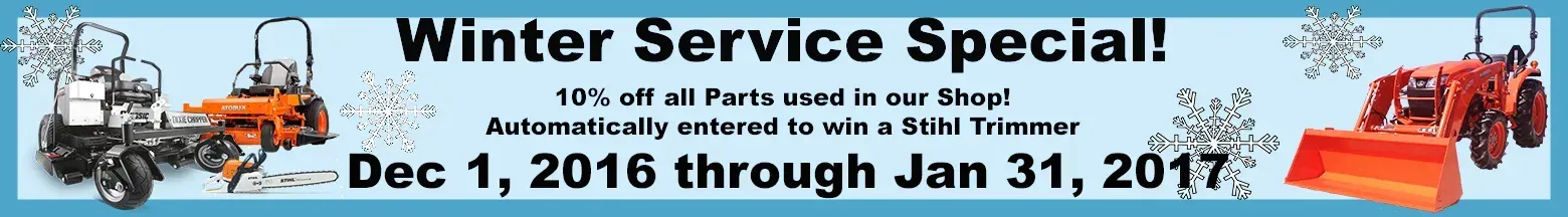 Winter service special, Dec 1, 2016 through Jan 31, 2017. Features tractor with snowplow and snow blower.