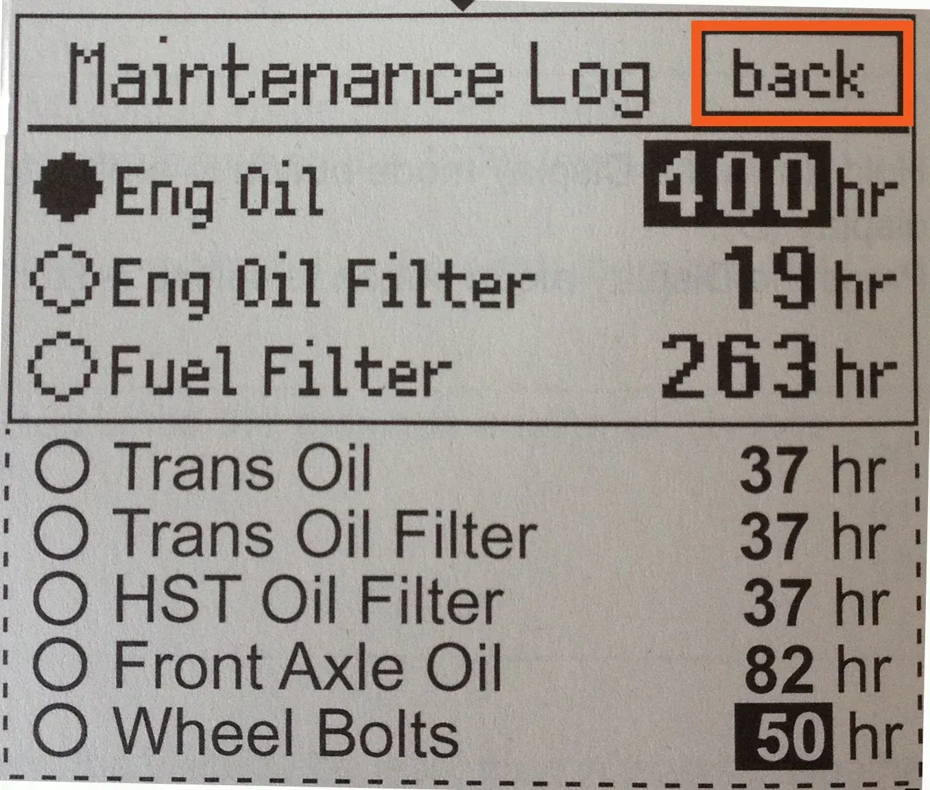 Maintenance log screen with maintenance items and service hours, including