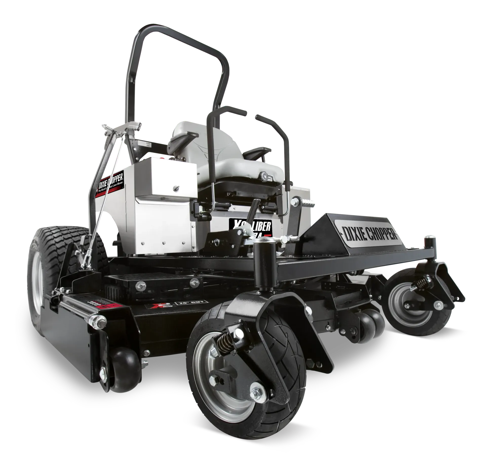Zero-turn lawn mower, white and black, with black tires and front wheels, ready to cut grass.