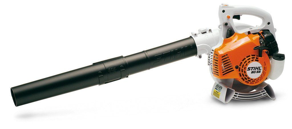 Orange and white gas-powered leaf blower with a black nozzle against a white background.