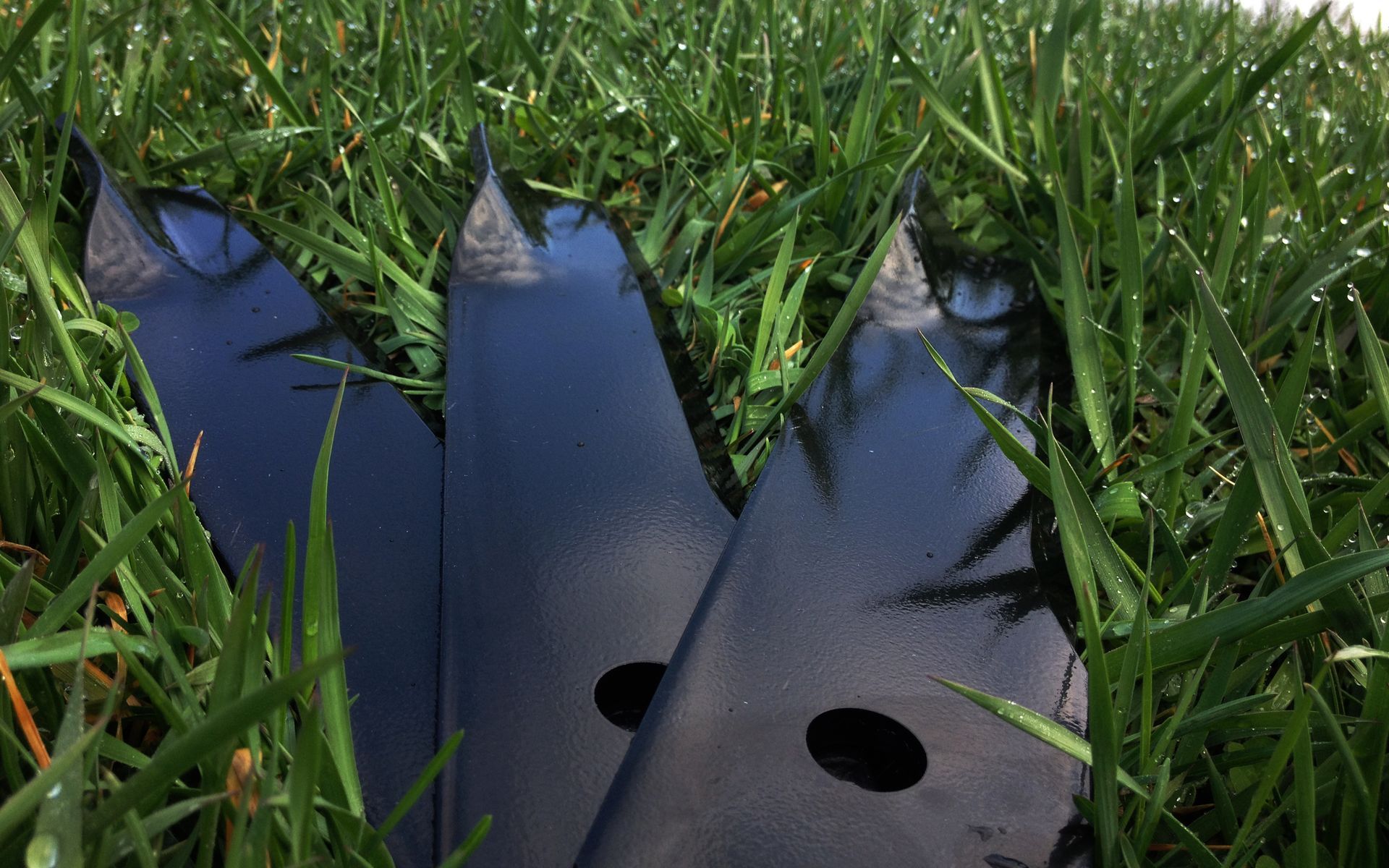 Black lawn mower blades in wet green grass.
