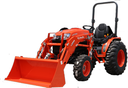 Orange Kubota tractor with a front-end loader on a light background.