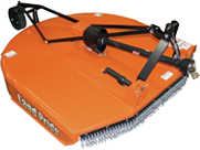 Orange Land Pride rotary cutter attached to a tractor, for cutting brush and weeds.