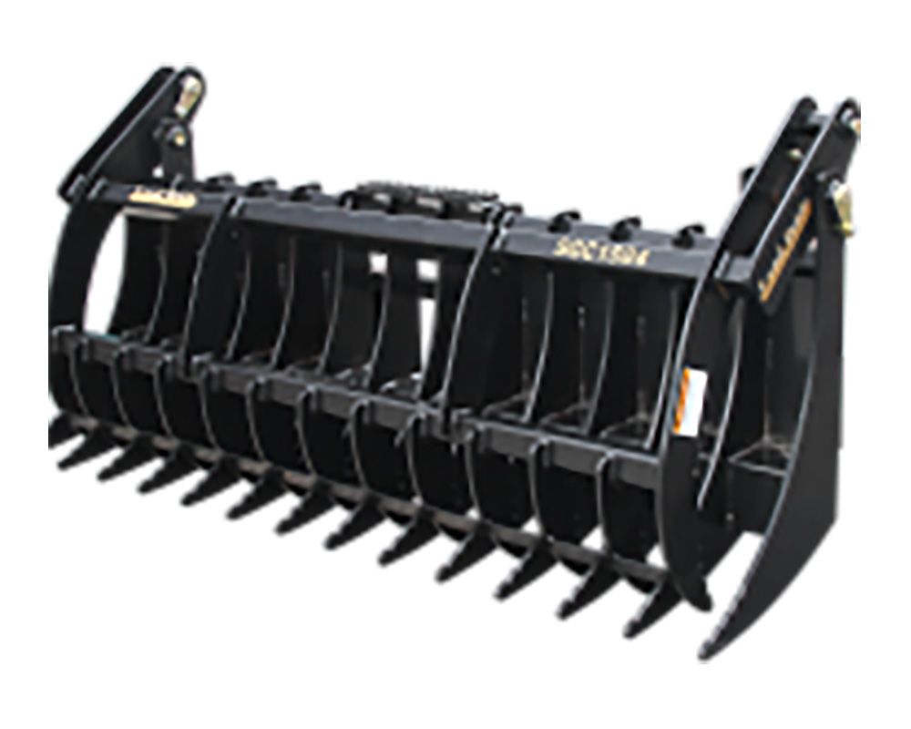 Black grapple rake attachment for a tractor, with open tines and top claws.