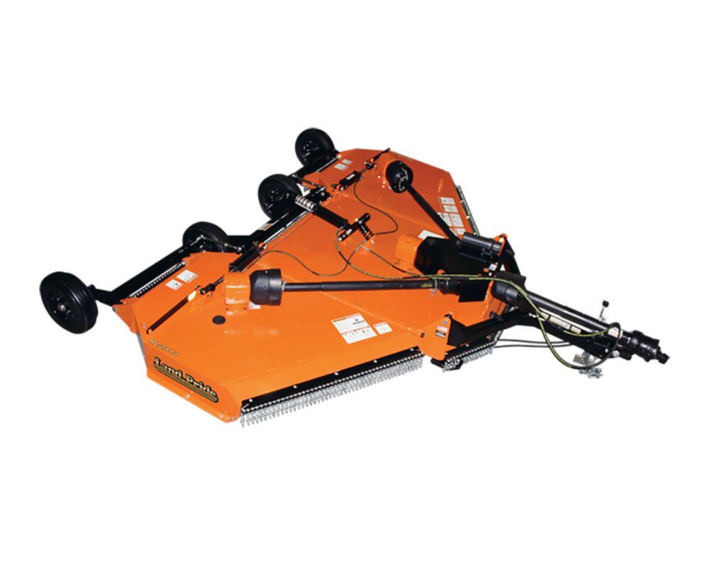 Orange rotary cutter, attached to a tractor.
