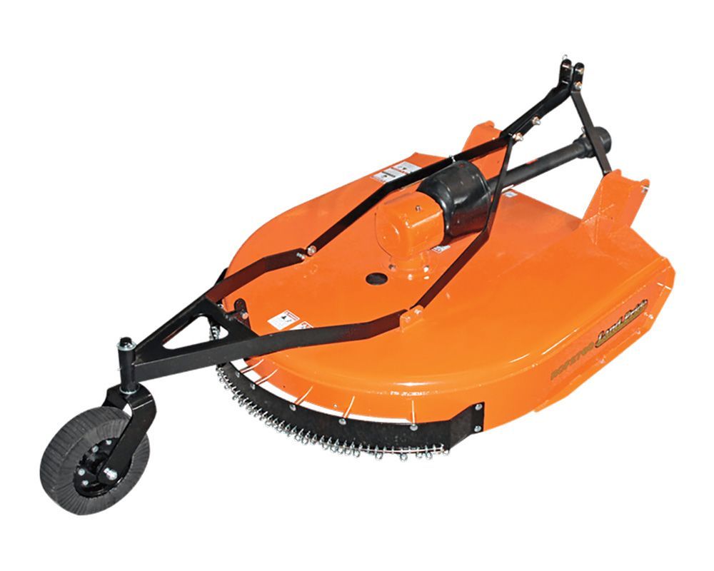 Orange brush hog mower with black frame and wheel.