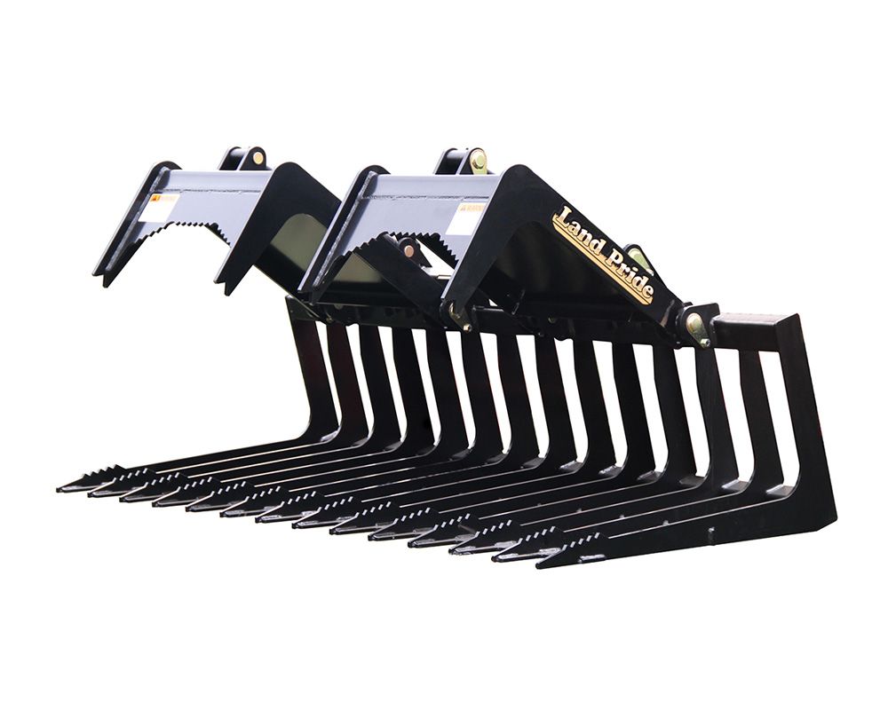 Black and gray tractor grapple rake attachment for moving materials.