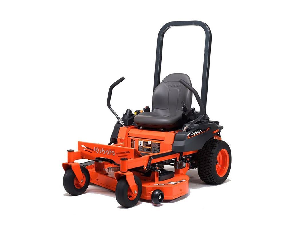 Orange Kubota zero-turn riding lawnmower on a white background.
