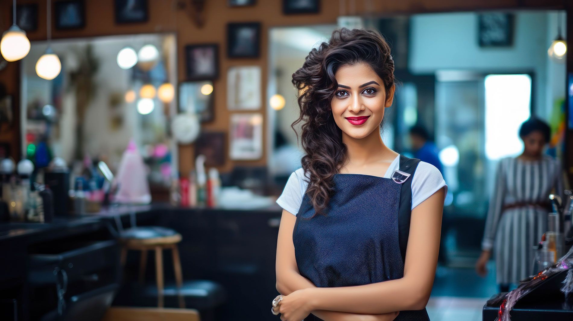 A woman is standing in a salon with her arms crossed.