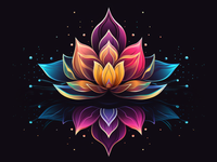 A colorful lotus flower with a reflection in the water on a black background.