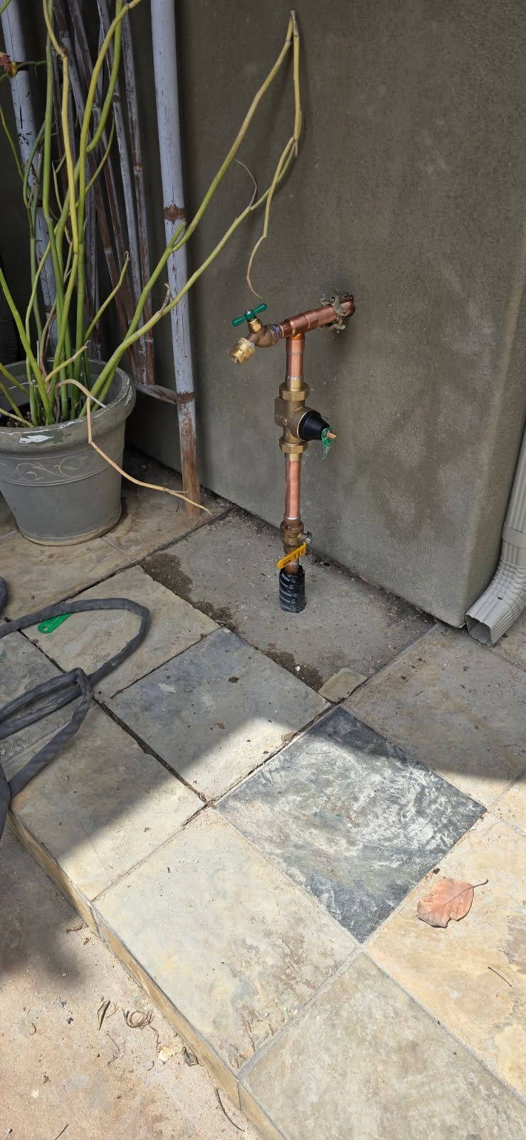 Outdoor faucet on a wall beside potted plants and stone paving, with a hose attached