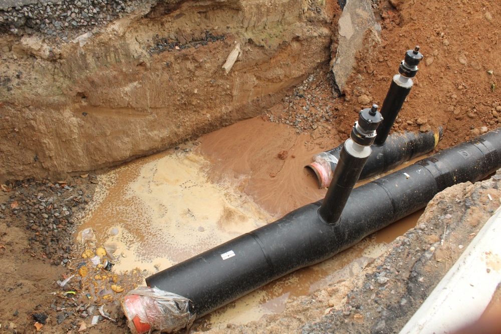 Trenched underground black pipeline with two vertical pipes and muddy excavation soil nearby