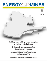 Magazine cover with a white 3D map of Quebec, titled Energy and Mines, dated August 2021, featuring sustainability headlines.