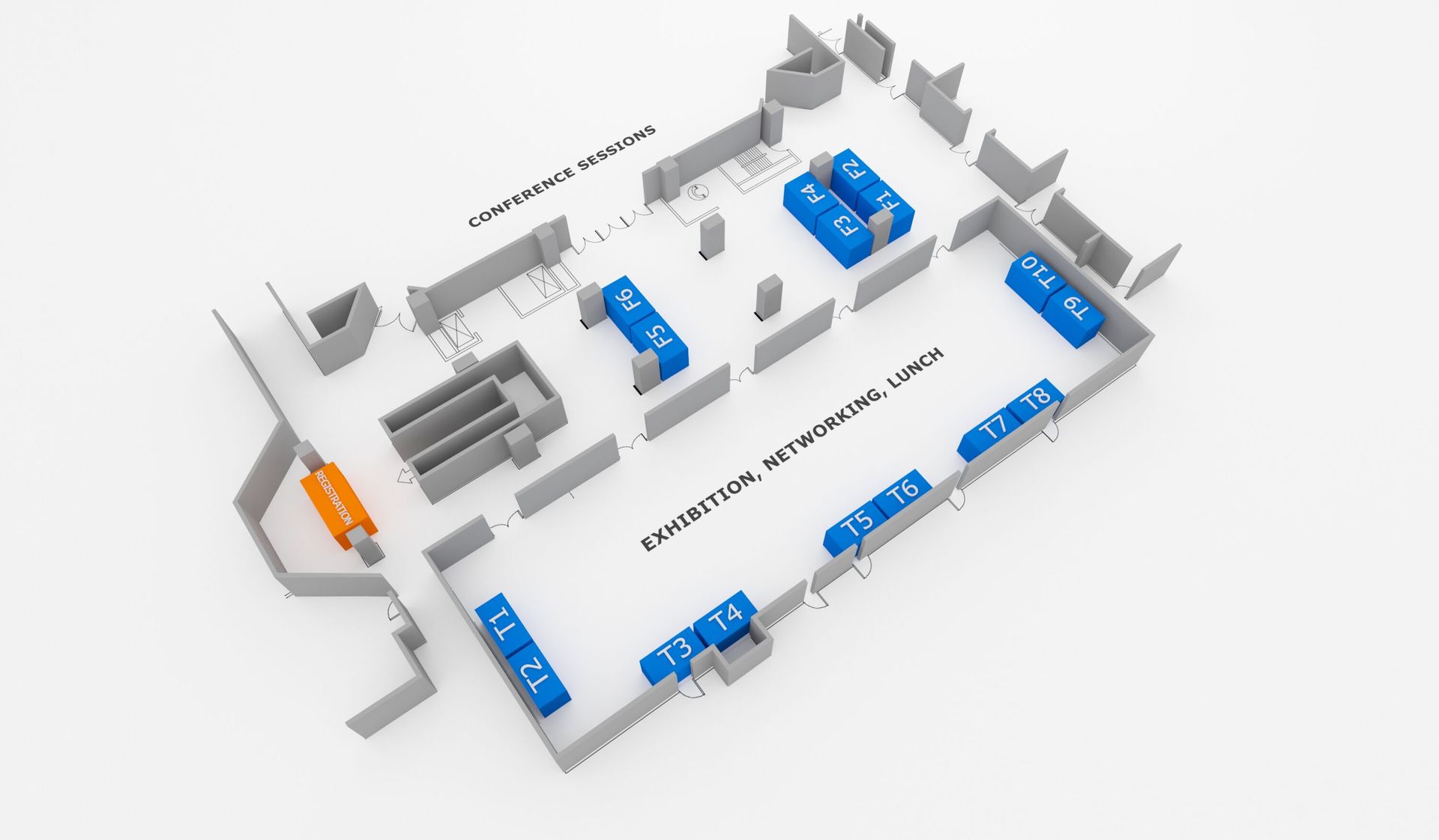 An isometric floor plan shows a layout with blue and orange rectangular units positioned throughout a white-walled office.