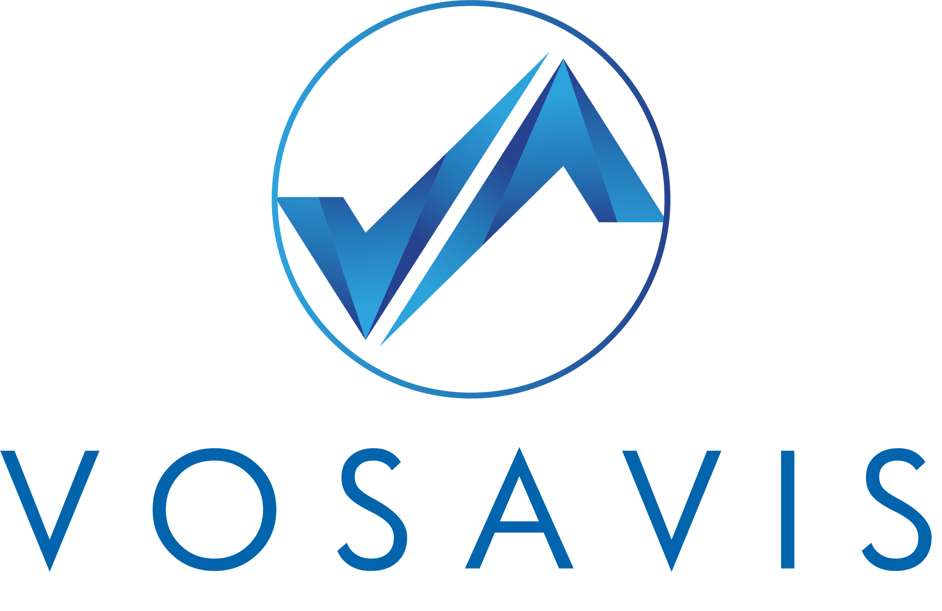 A blue geometric logo featuring a checkmark design inside a circle above the company name