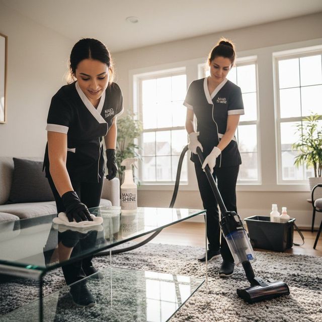 Two cleaners in black uniforms mopping a bright room with large windows and a glass table