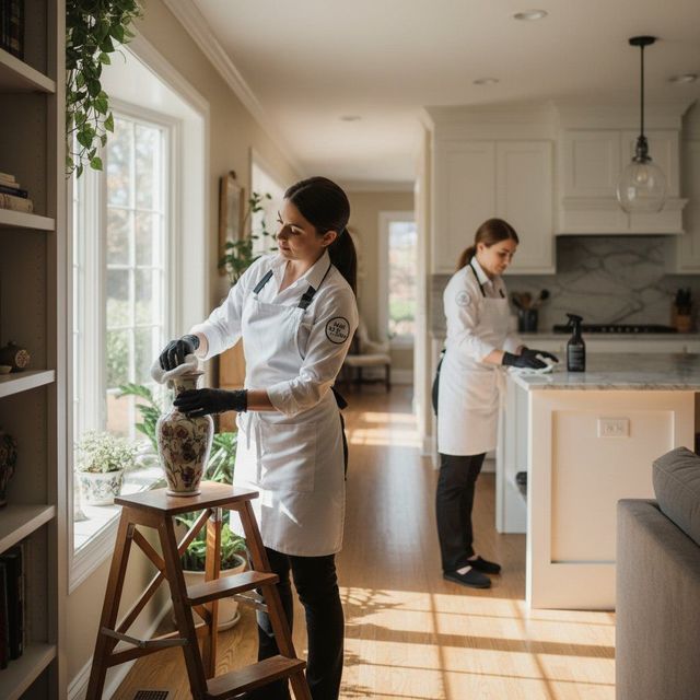 Two people in white coats tending potted plants in a bright kitchen with sunlight streaming in.