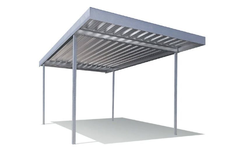 A free-standing, gray metal carport with a sloped roof supported by four vertical poles on a white background.