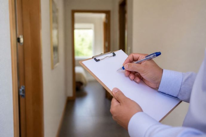 Hand holding a clipboard and pen in a hallway, preparing to write notes.
