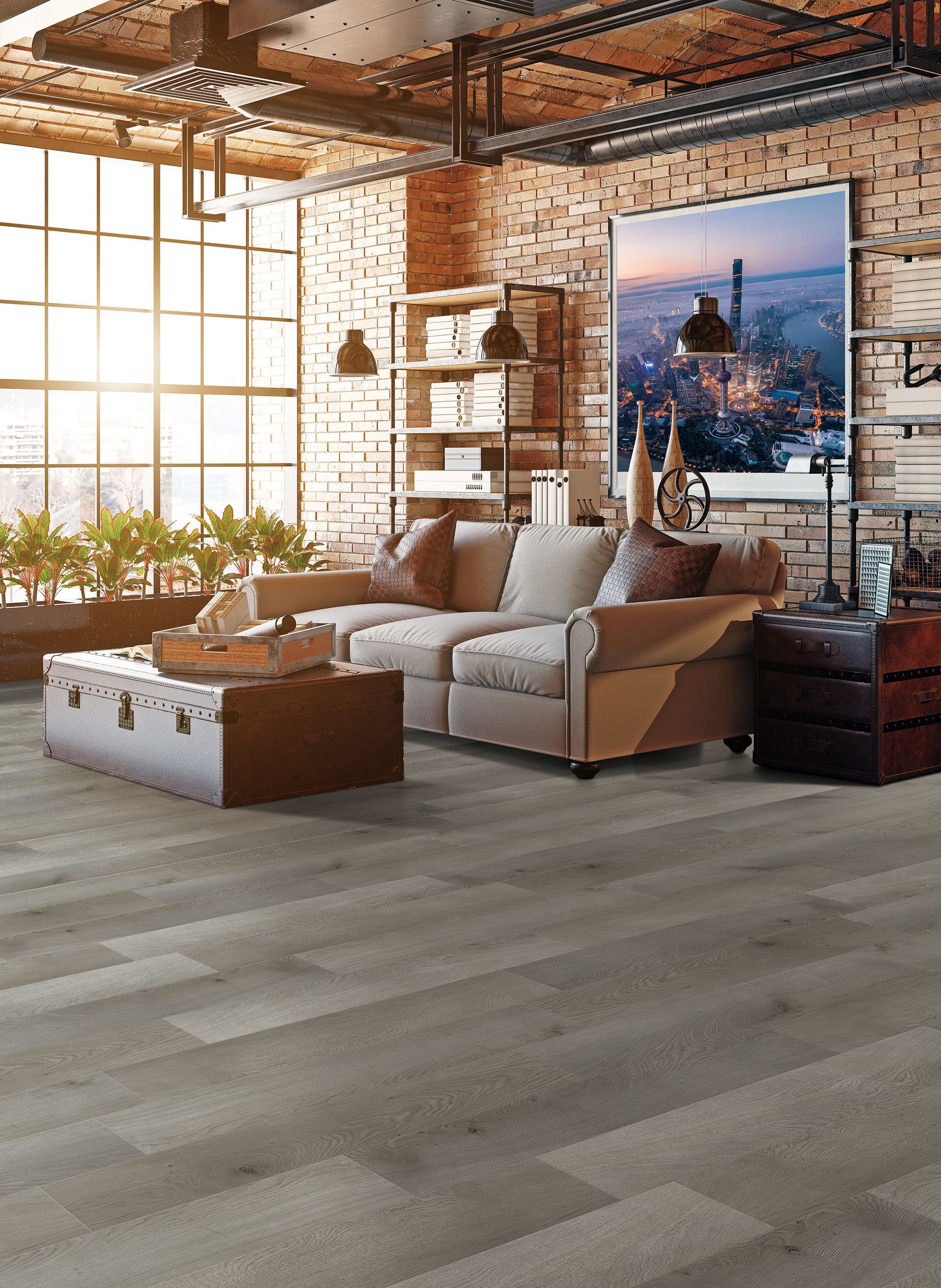 City Lights Midtown Luxury Vinyl glue down flooring room scene image.