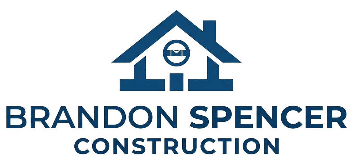 Logo for Brandon Spencer Construction: a blue house outline with a level icon, centered above the text in blue.