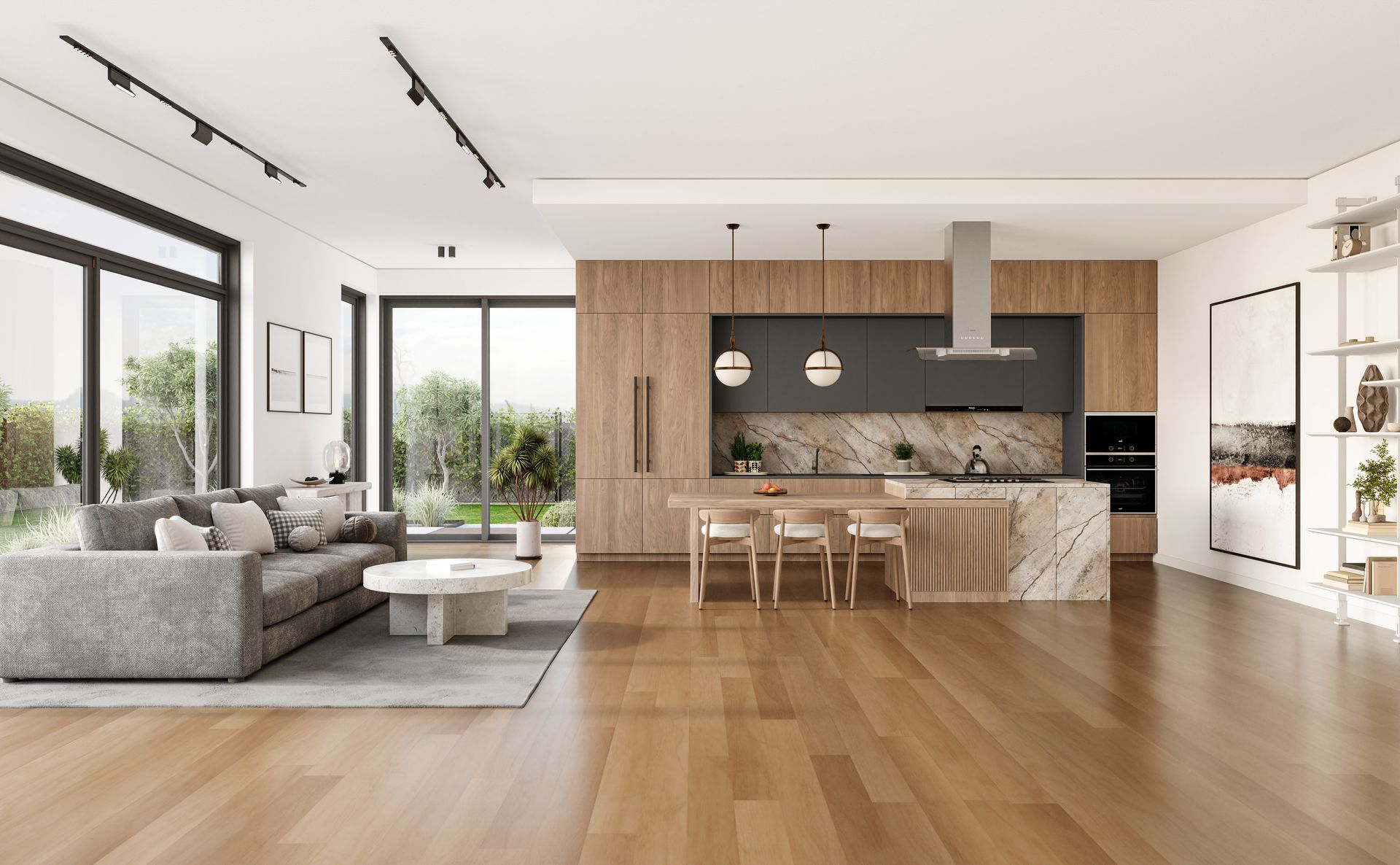 A bright, modern open-concept living room and kitchen with wooden cabinetry, a marble island, and floor-to-ceiling windows.