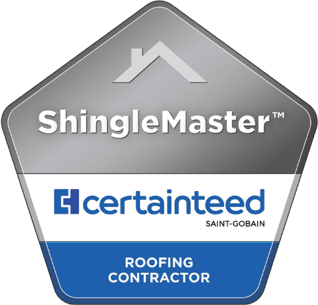 ShingleMaster roofing contractor logo with a gray and blue shield featuring 