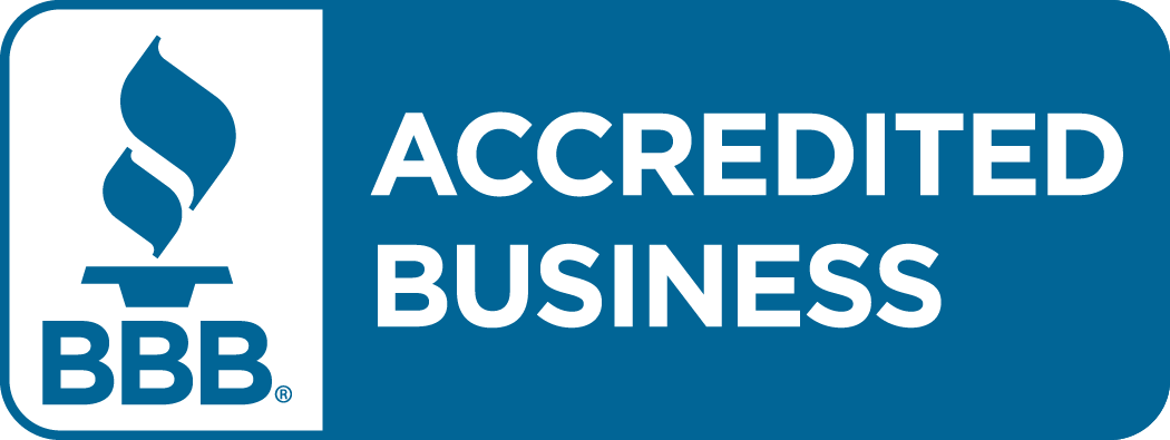 BBB Accredited Business logo, blue and white. Torch symbol with text 