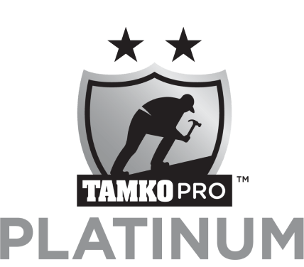 TAMKO Pro Platinum logo: Silhouette of a worker hammering, under two stars, within a shield; 