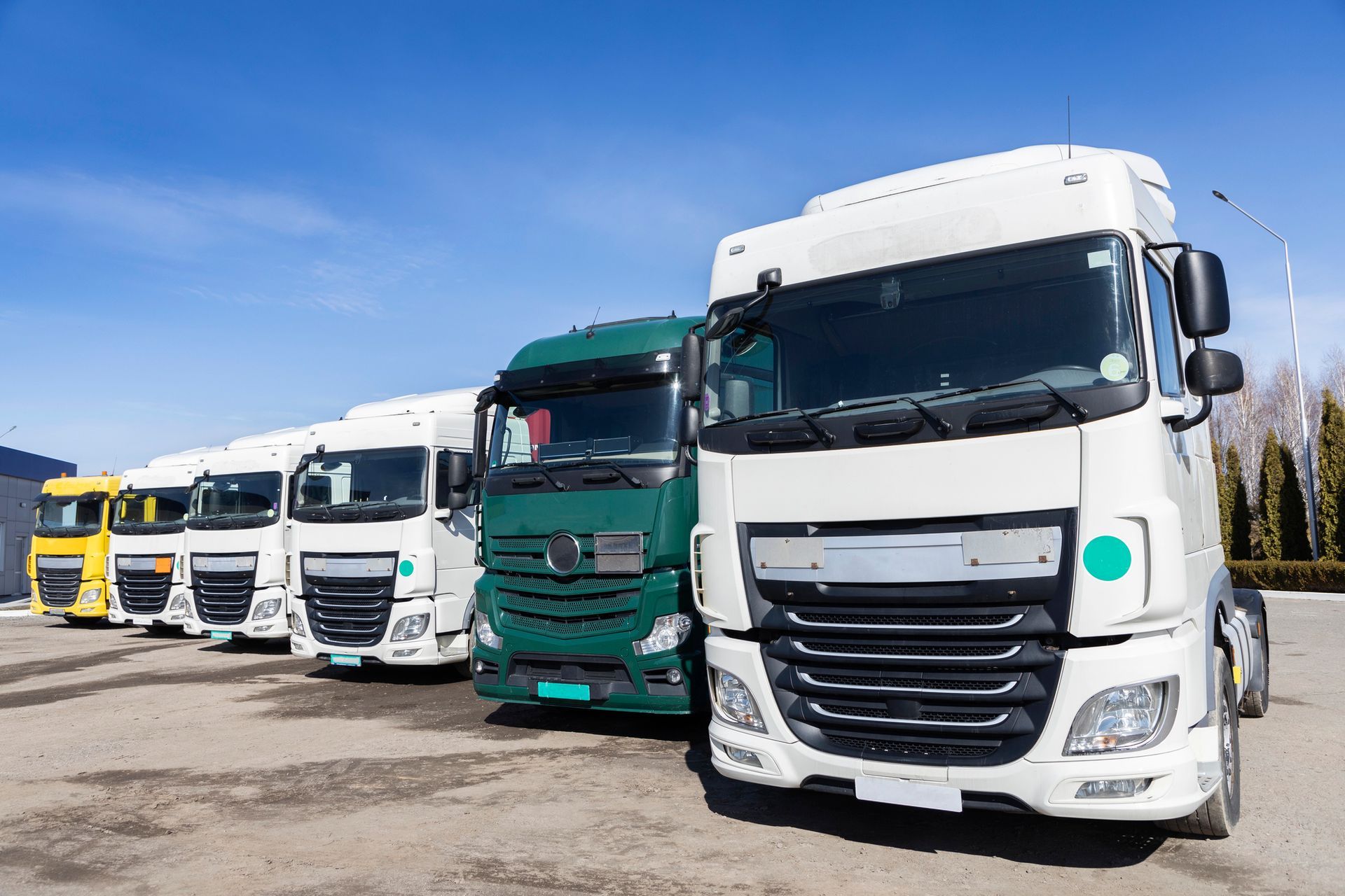 Varios semirremolques estacionados en fila en un día soleado. Varios colores: blanco, amarillo y verde.