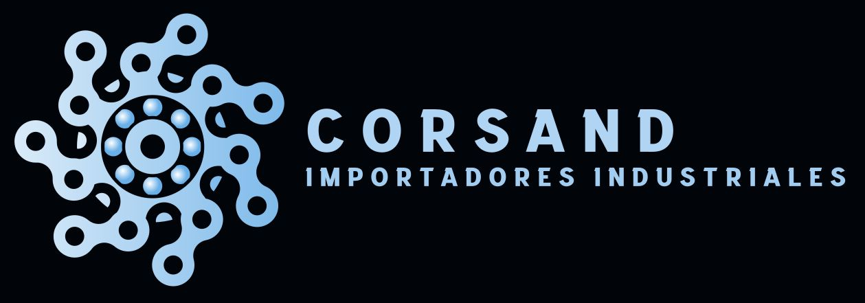 Logotipo para Corsand, un importador industrial, con un diseño similar a un engranaje azul y texto sobre un fondo negro.