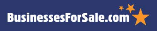 BusinessesForSale.com logo with white text on a navy background, featuring gold stars.