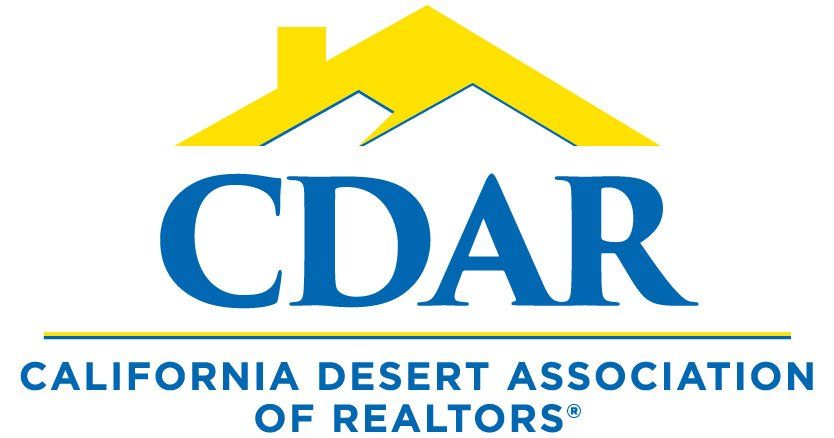 Logo of the California Desert Association of Realtors (CDAR), a yellow house over blue text on a white background.