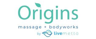 Logo for Origins massage + bodyworks by livemetto in teal and blue with a leaf on the letter O.