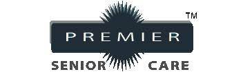 Logo for Premier Senior Care. Dark blue rectangle with