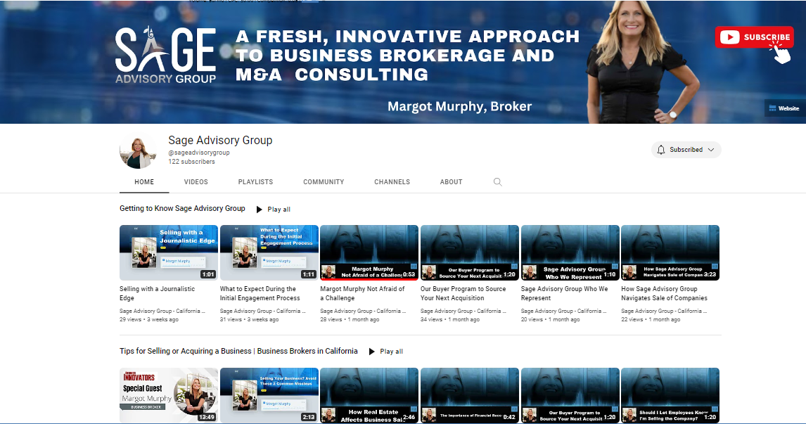 YouTube channel homepage for Sage M&A Consulting, featuring a woman and video thumbnails.