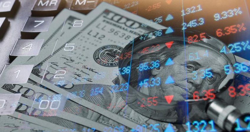 Digital representation of money with Ben Franklin overlayed with stock market numbers