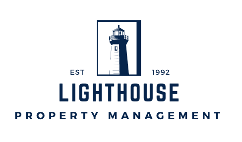 Logo: Blue lighthouse in square,