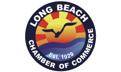 Long Beach Chamber of Commerce logo: sun, waves, seagull, blue circle, text.
