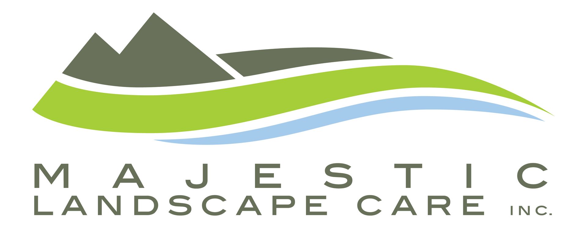 Logo for Majestic Landscape Care, Inc. with a green and blue wave and gray mountains.