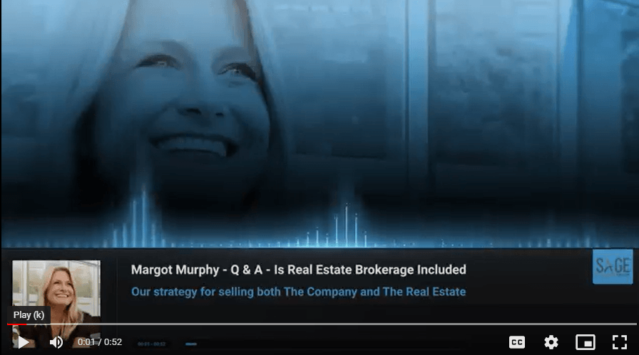 Margot Murphy, smiling, in video about real estate brokerage. Blue overlay with soundwave.