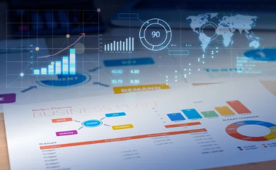 Business documents with charts and graphs; digital overlays of data with world map in background.