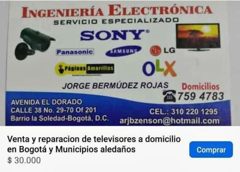 Anuncio de reparación de TV a domicilio: Ingeniería Electrónica, logos de marcas y datos de contacto.