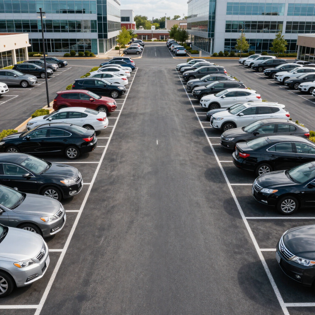 A high-angle view of a full outdoor parking lot between two office buildings, featuring rows of parked vehicles.