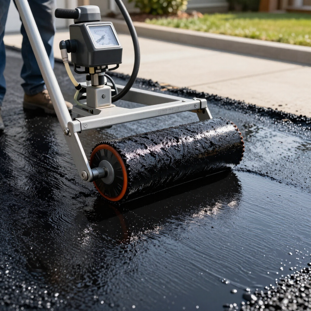 A person uses a motorized asphalt roller to smooth wet sealant onto a blacktop driveway.