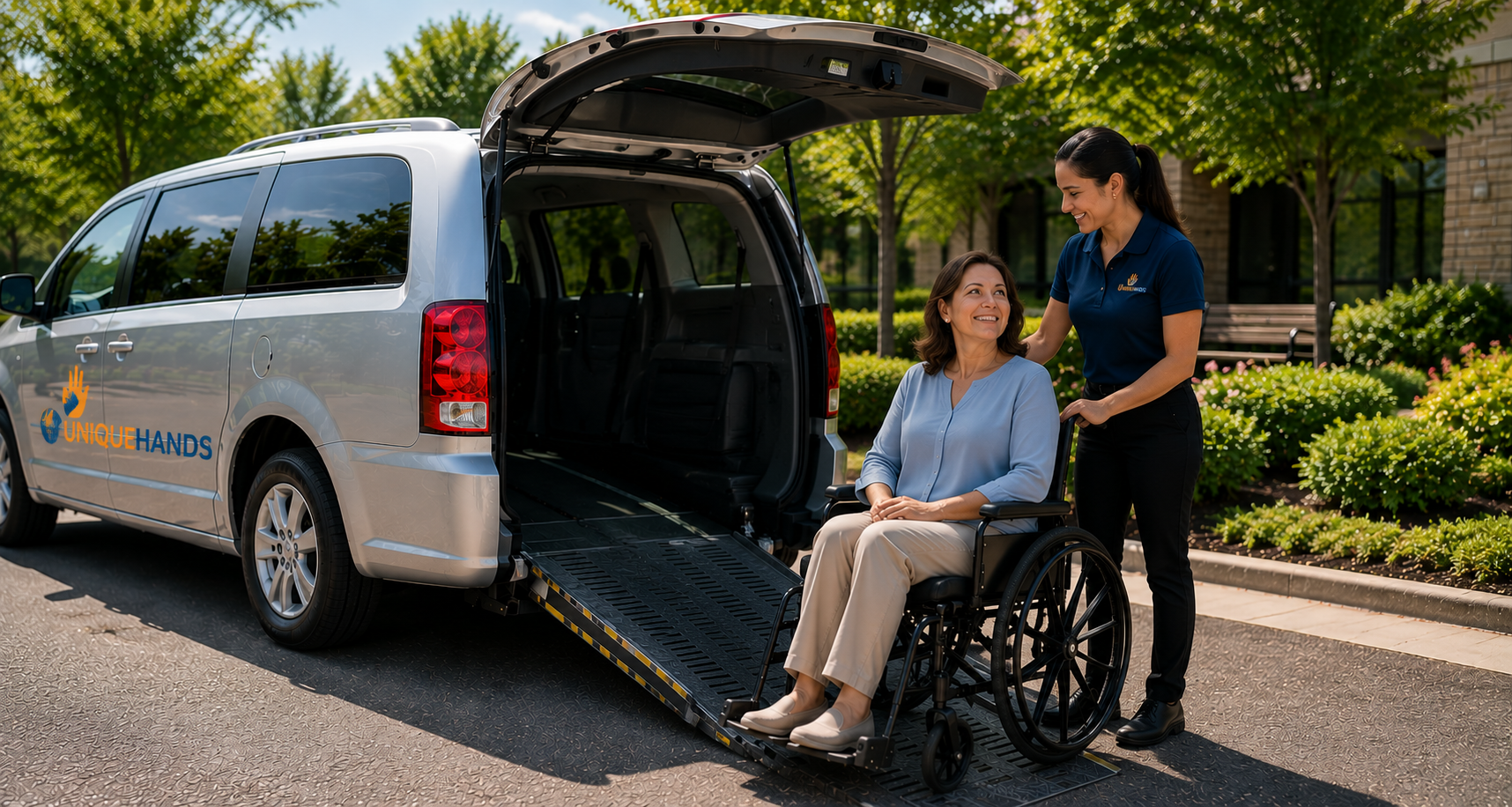 UniqueHands staff assisting a wheelchair transportation passenger
