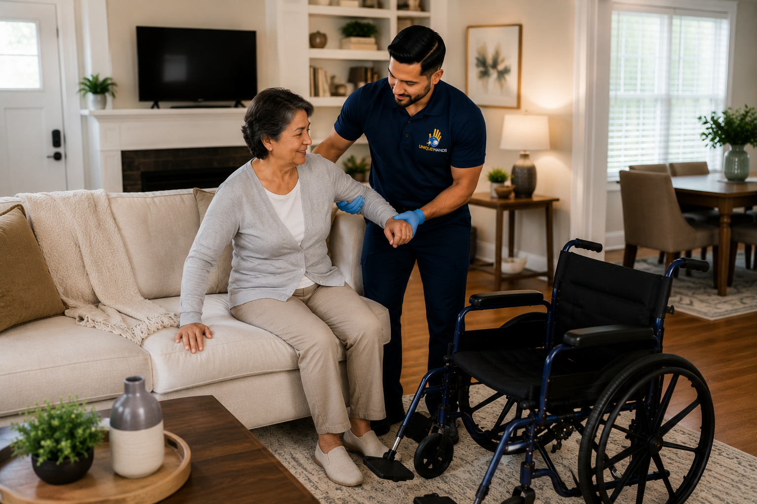 UniqueHands transportation coordinator assisting with a bed-to-bed medical transportation request