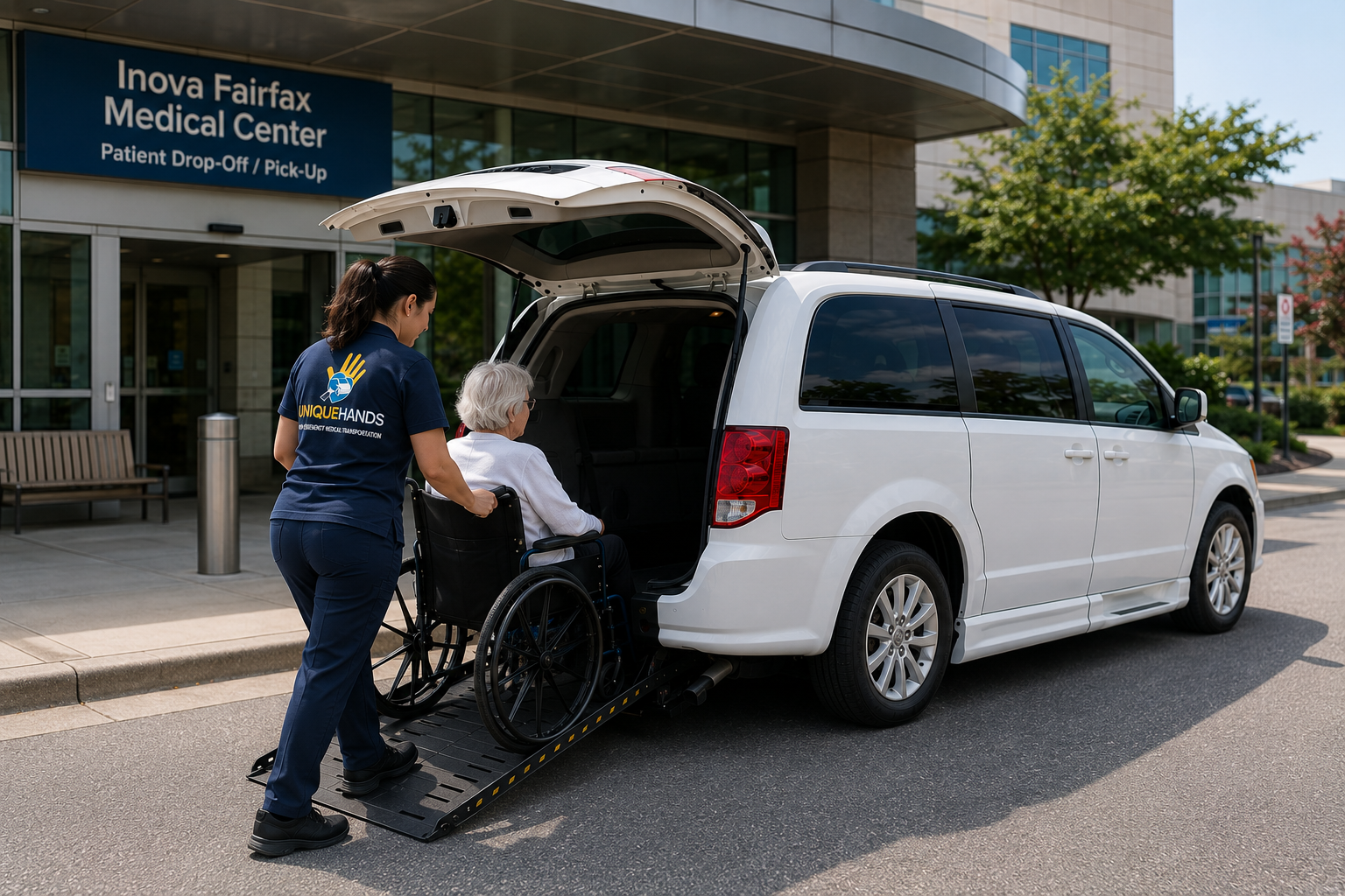 UniqueHands transportation staff assisting a wheelchair passenger during a scheduled medical trip