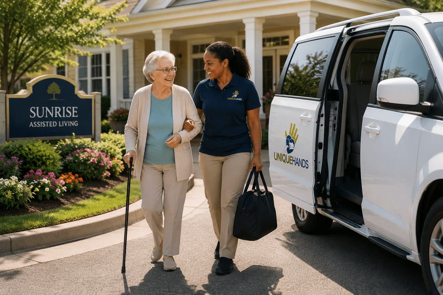 Older adult receiving personalized transportation assistance before a medical appointment