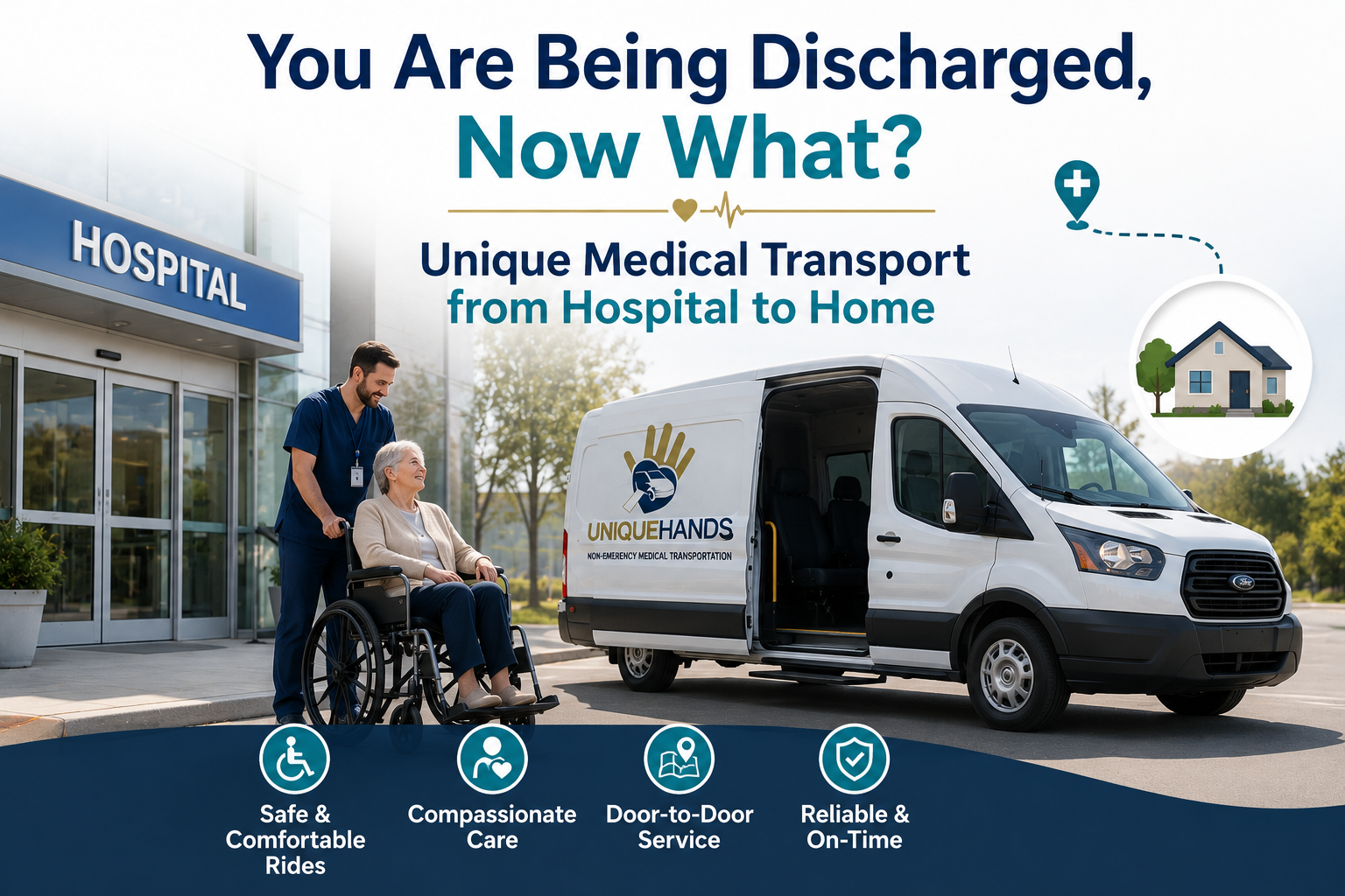 UniqueHands hospital discharge transportation assisting a patient from the hospital to home